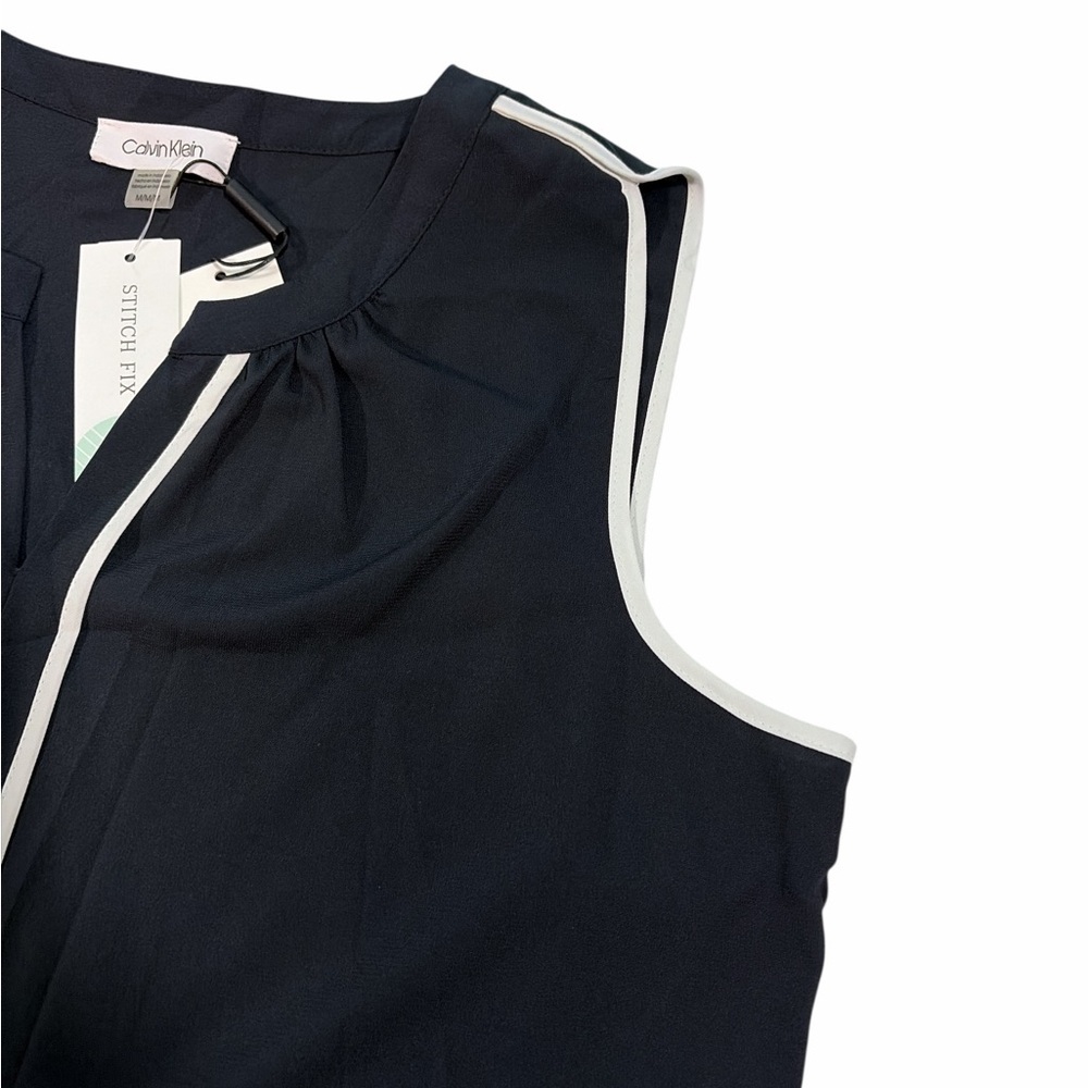 CALVIN KLEIN Suit Women Navy White V Neck Sleeveless Top Blouse Size M Busines - Picture 2 of 8